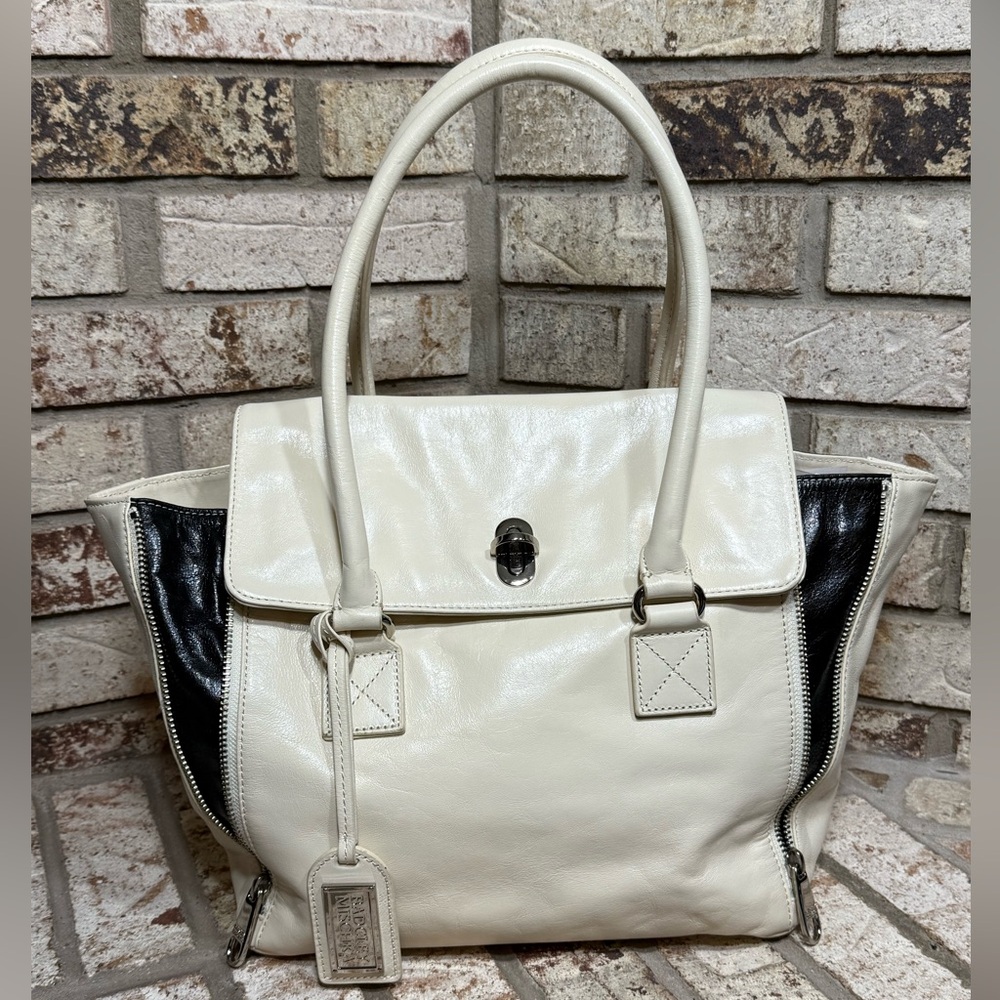 Badgley Mischka Ivory and Black Leather Tote Bag Silver Hardware Satchel - Picture 2 of 13
